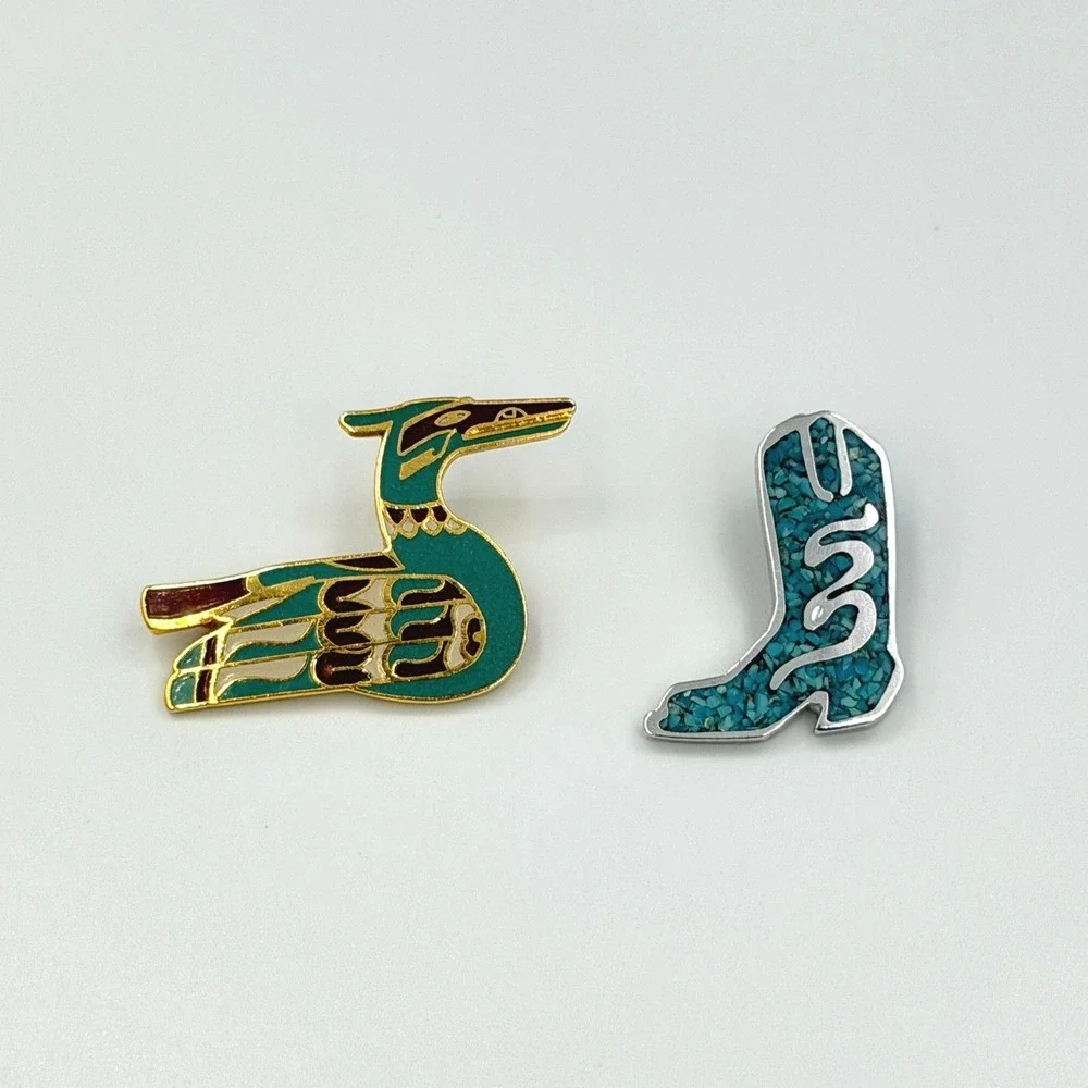Vintage Southwestern Pin Set of 2 Bird Cowboy Boot Brooch Teal Turquoise Jewelry
